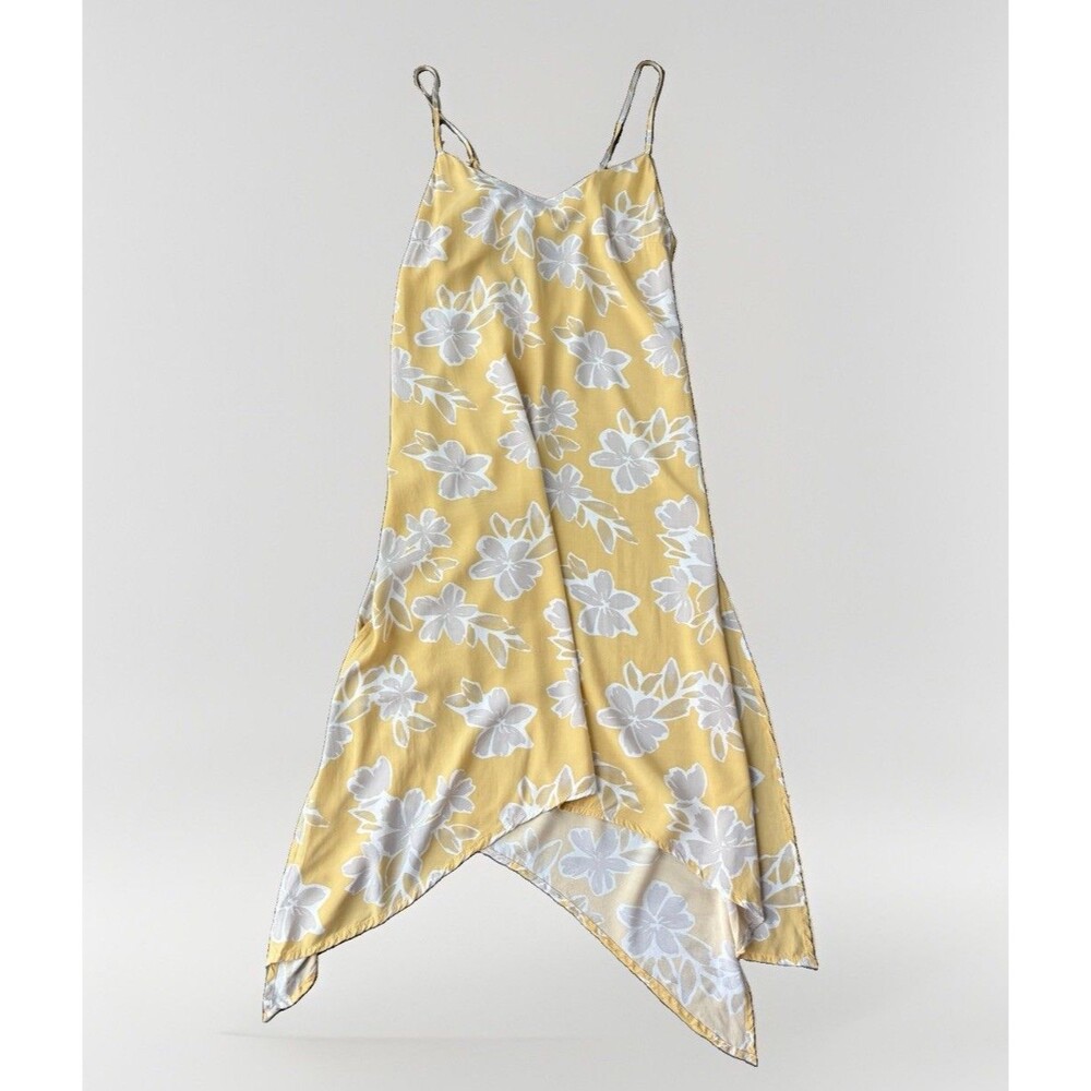 Womens Yellow Floral Slip Dress Small Scarf Hem Spaghetti Strap Summer Sun Midi